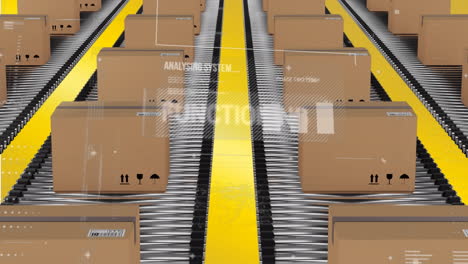 animation of interface with data processing against delivery boxes on conveyer belt