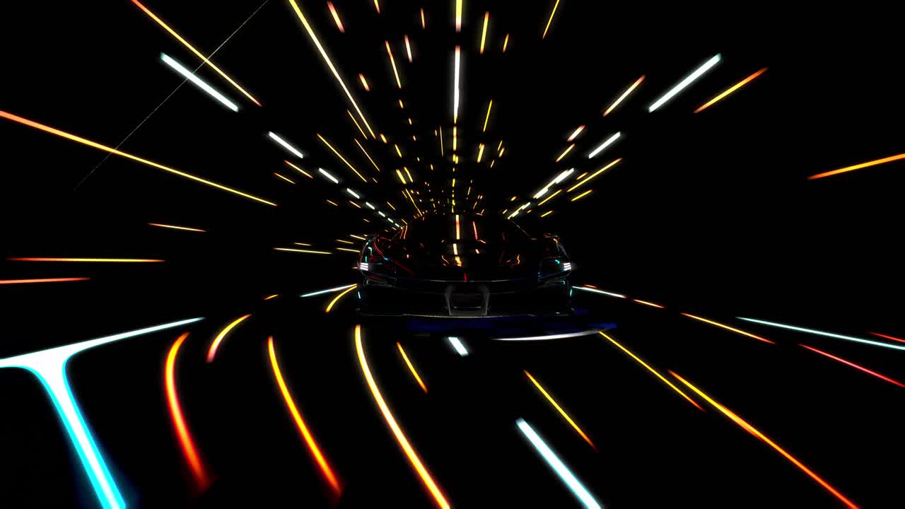 3D Speeding Sports Car On Neon. Powerful Acceleration Of A Supercar On A Night Track With Colorful Lights And Trails. 3D Animation