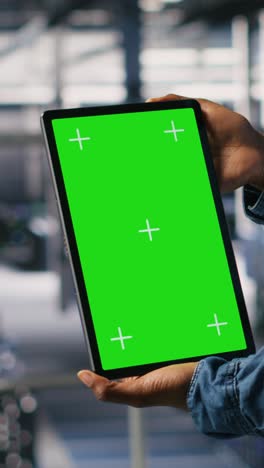 vertical video data center worker using green screen mockup tablet, doing maintenance, closeup