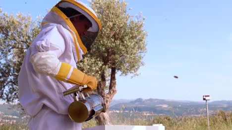 Professional-beekeeper-apiarist-sprays-inside-beehive-box-in-apiary-with-honey-bees-flying-around-in-countryside
