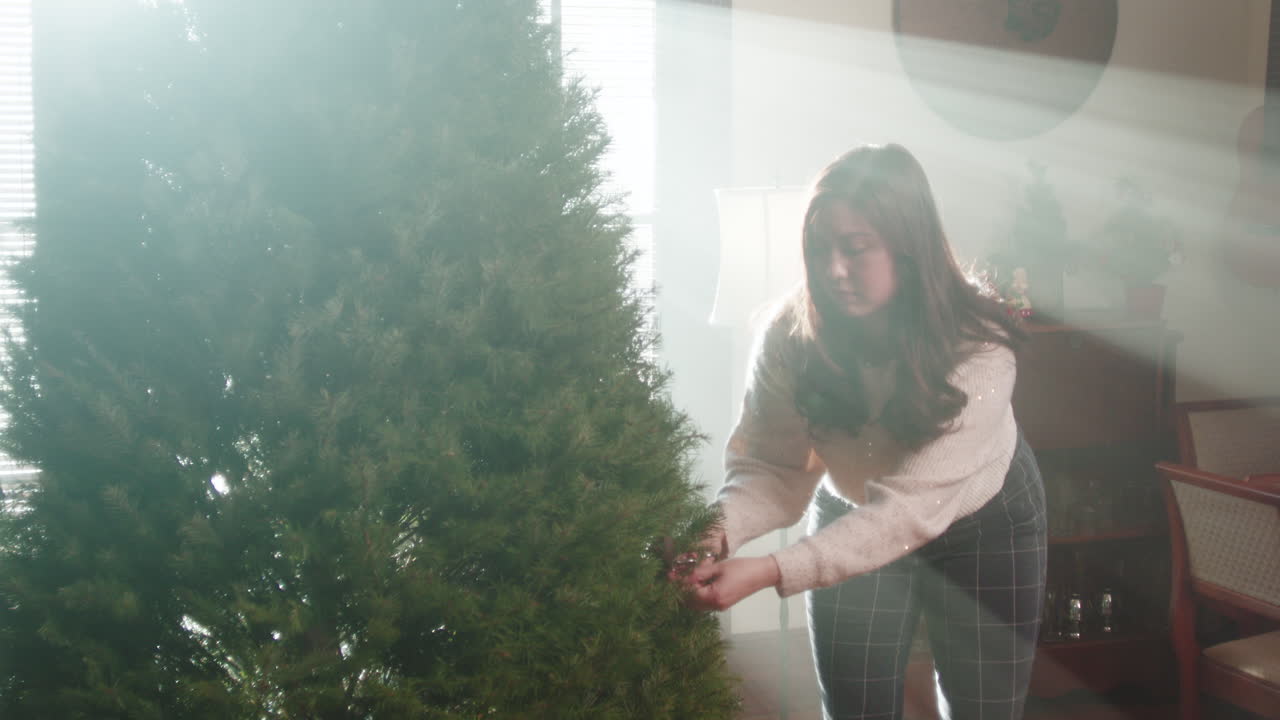 Woman setting up a Christmas tree indoors with bright sunlight