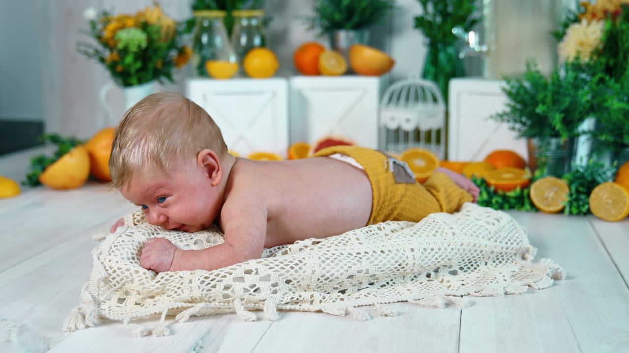 Studio footage of a little Caucasian infant wearing yellow pants. Blue-eyed baby trying to keep head up. Citruses around at backdrop.