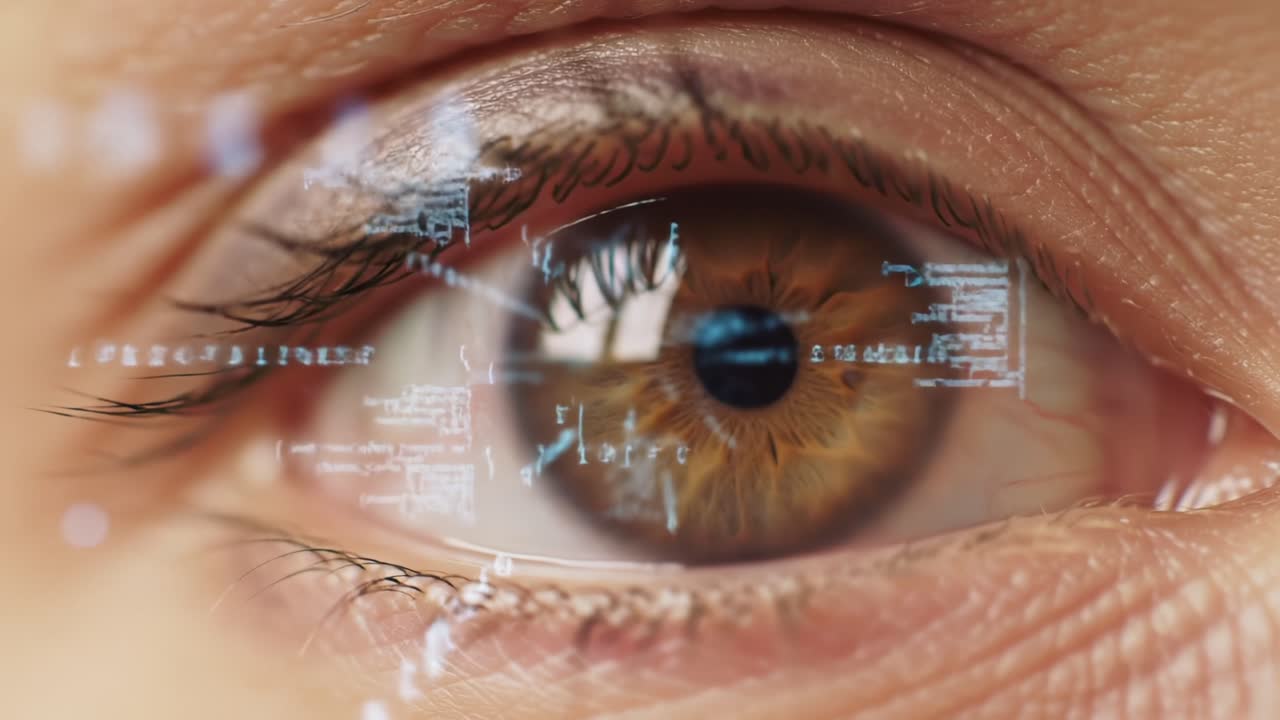 A Close-Up View of an Eye Reflecting Digital Information, Data Streams, and Complex Patterns in a Stunning Display of Technology and Visionary Concepts