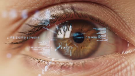 a close-up view of an eye reflecting digital information, data streams, and complex patterns in a stunning display of technology and visionary concepts