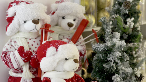 cute teddy bears skiers on christmas decoration background