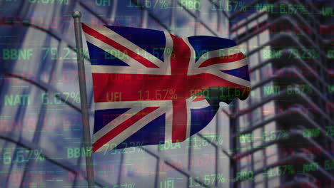 animation of flag of great britain over financial data and building office