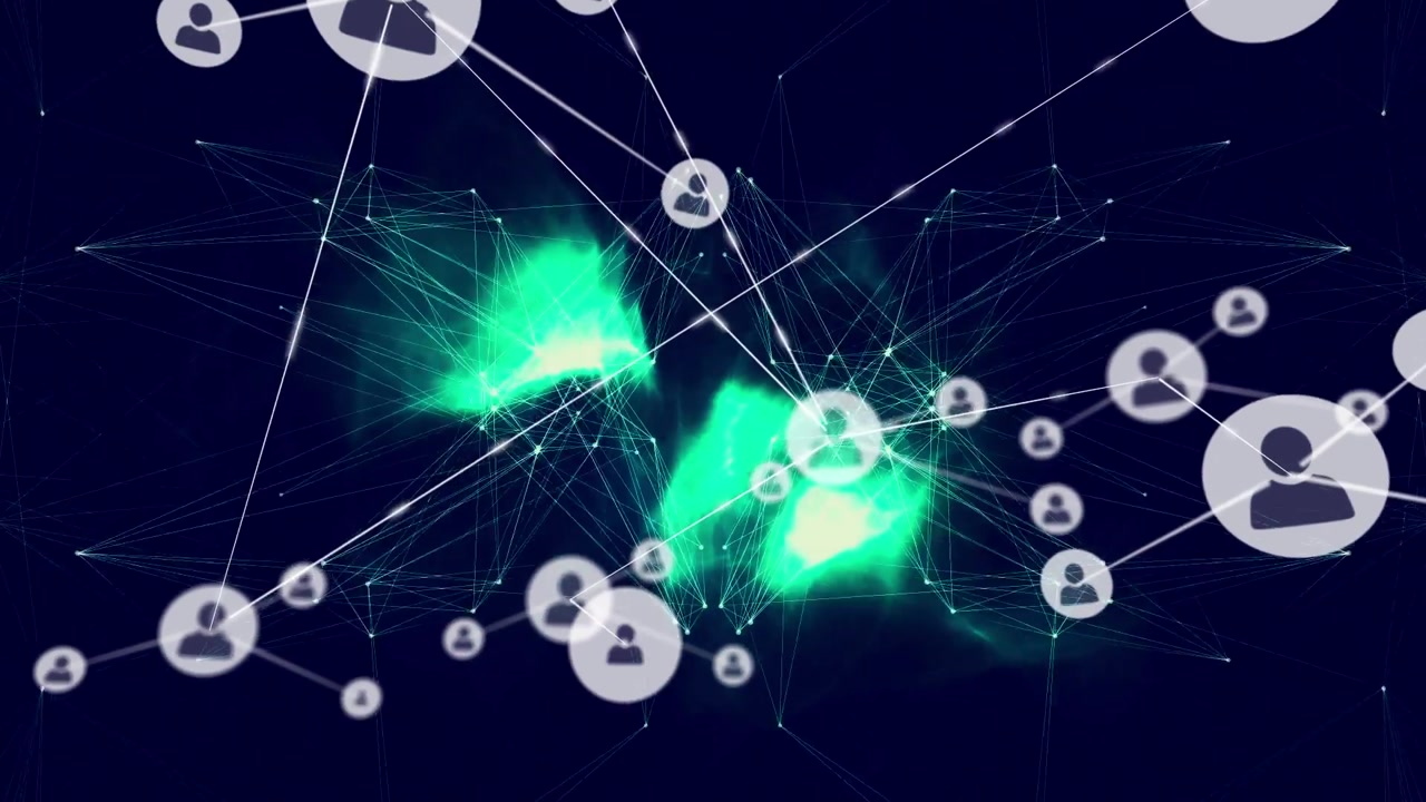 Animation of network of connections with people icons over glowing spots