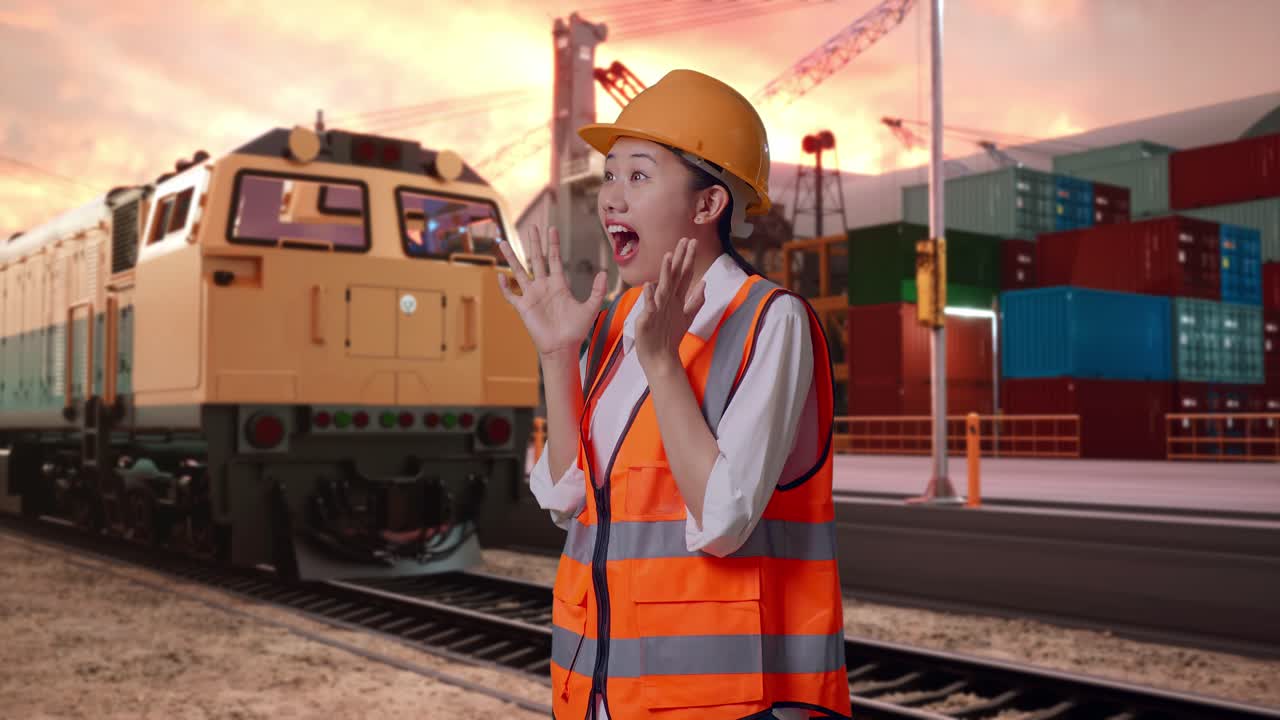 Side View Of Asian Female Engineer With Safety Helmet Smiling To Camera And Saying Wow With Freight Cargo Train At Port