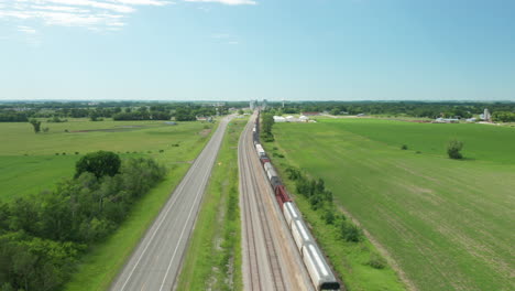 aerial view of cargo train on rural north american railroad