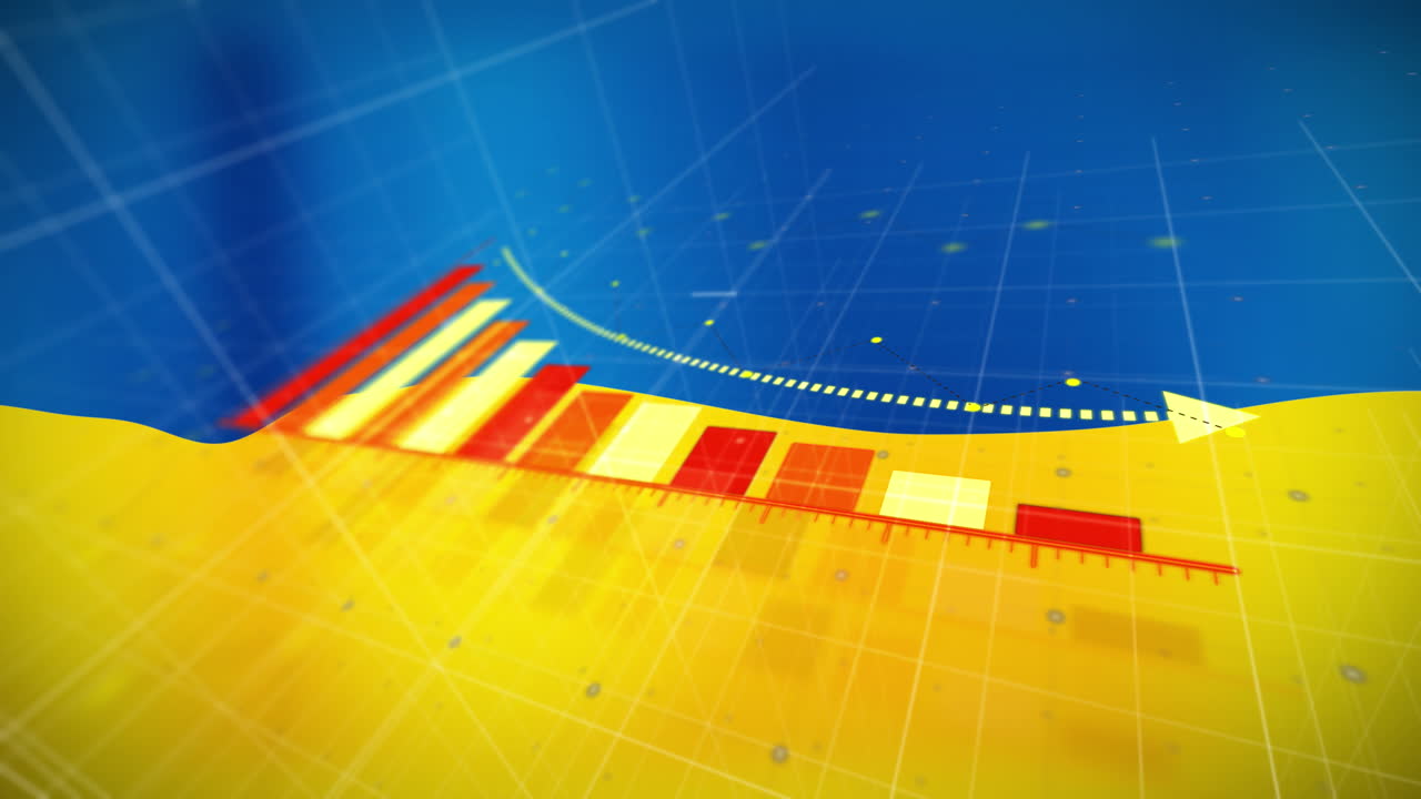 Animazione di dati finanziari e grafico sulla bandiera dell'Ucraina