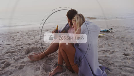 animation of speech bubble with thumbs up and like numbers over couple having beer on beach