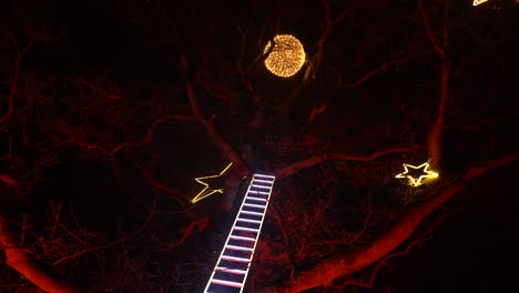 ladder on tree with yellow stars and moon