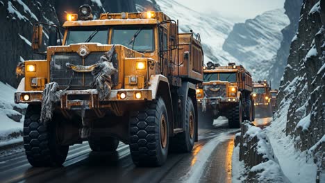 heavy-duty trucks navigate snowy mountain road during winter conditions