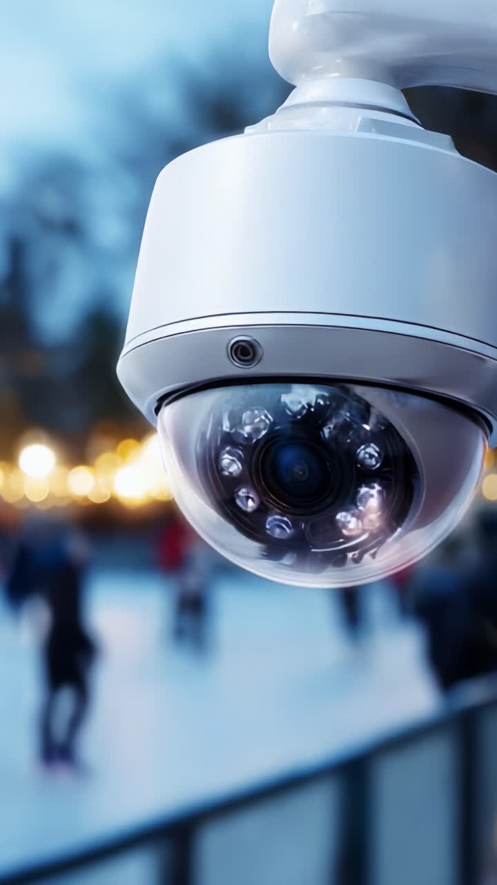 Surveillance Camera Overlooking Ice Rink: Capturing Moments in Winter Wonderland Against a Backdrop of Blurred Lights and Figures in Motion