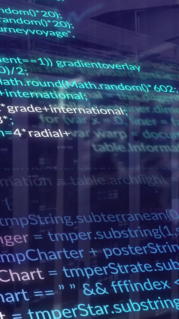 Animation of data processing and mosaic squares against computer server room