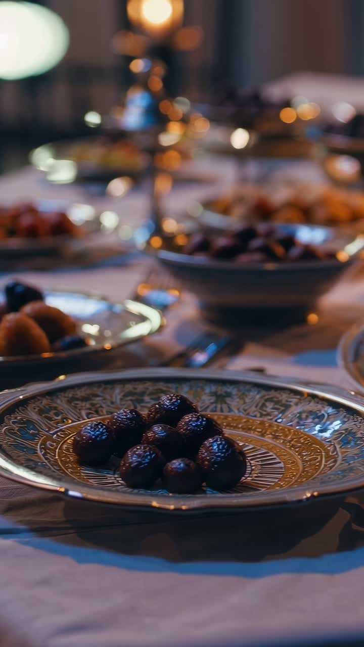 Beautifully arranged table displaying a delightful spread of dates, strawberries, and traditional Middle Eastern sweets, illuminated by warm candlelight and a lantern