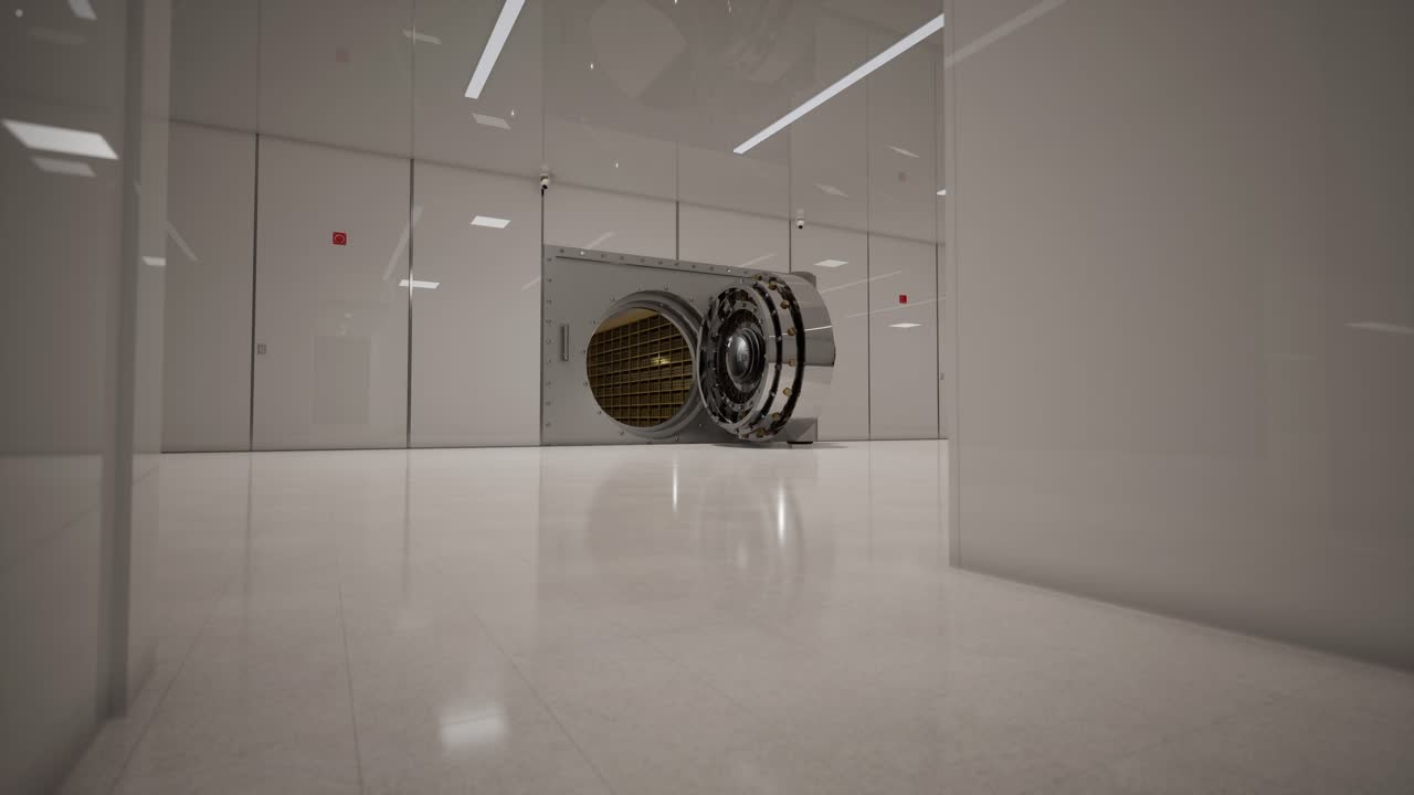 Porta blindata aperta di una banca con file di lingotti d'oro all'interno