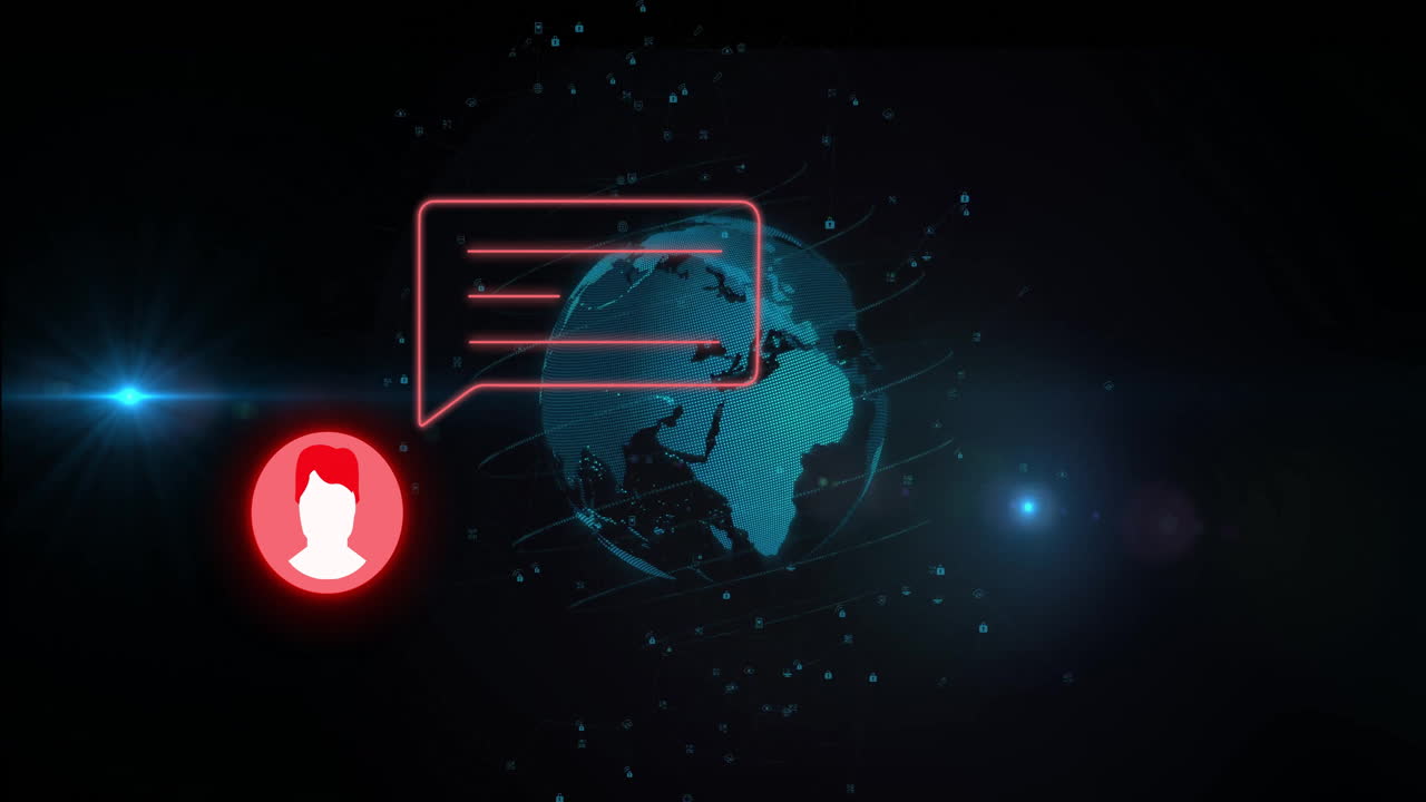 Digital chat icons and network connections on globe, animation on dark background