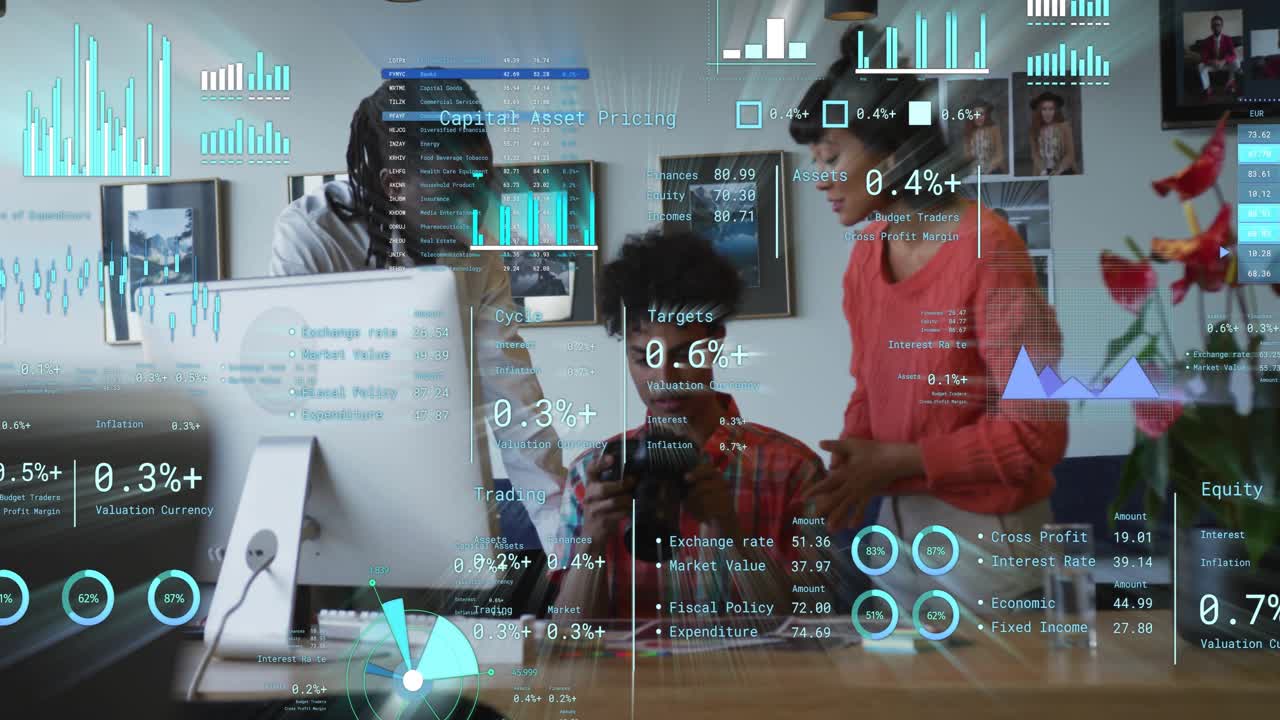 Animation of financial data processing over diverse business people in office