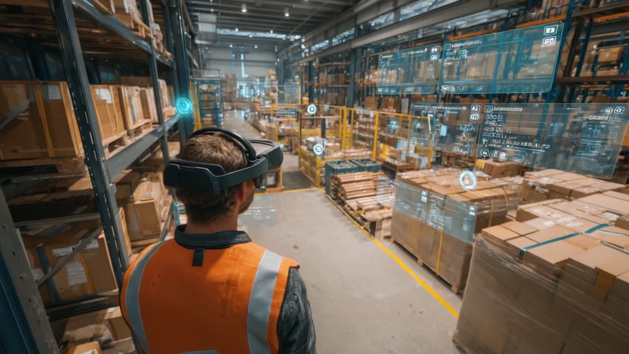 A Warehouse Employee Utilizing Augmented Reality Technology to Manage Inventory in a Modern Storage Facility, Enhancing Operational Efficiency and Streamlining Workflows with Innovative Tools and Visual Aids