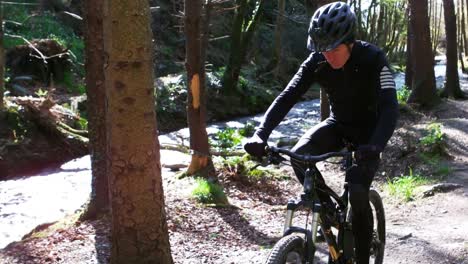 motociclista de montaña montando una bicicleta en el bosque