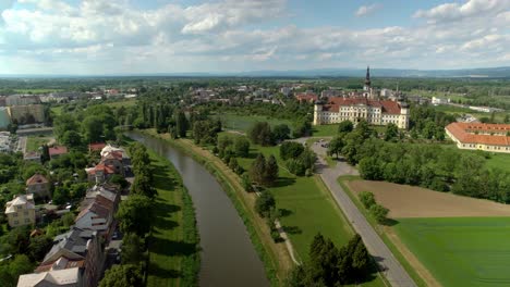 Klášterní-Hradisko-Military-Hospital-in-Olomouc-on-the-banks-of-the-Morava-River-with-a-residential-area-of-historic-houses-and-architecture