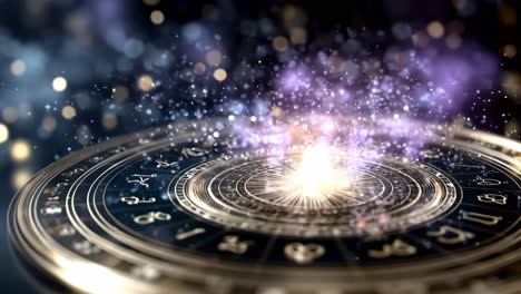 glowing astrological symbols. a glowing astrological chart emits soft light and sparkles, setting a mystical mood in the darkness.
