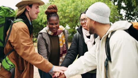 Group,-camping-and-hands-of-people-in-celebration