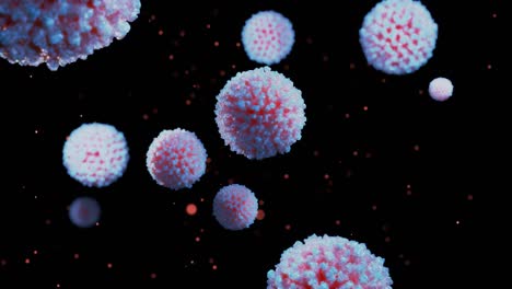 en primer plano, el coronavirus tipo covid-19, h1n1, la gripe aviar o la gripe porcina se mueven suavemente en el fluido. representación 3d del virus como fondo de bucle microscópico microbiológico. gradiente blanco rojo 4
