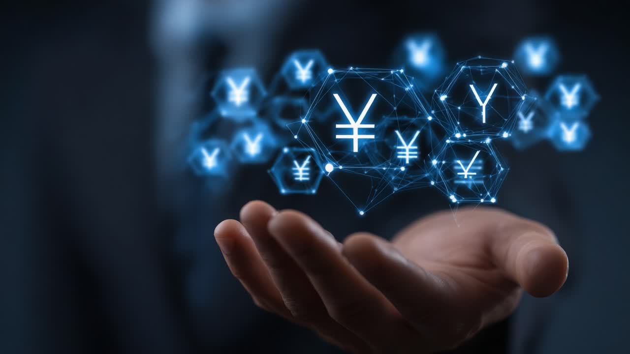A futuristic visualization of digital currency exchanges featuring floating symbols of the Yen, reflecting the evolution of finance and technology in modern transactions