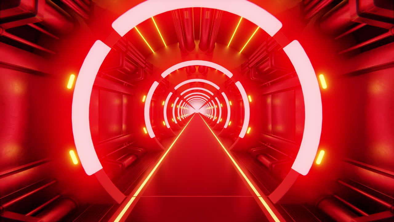 Red background Science fiction interior. Sci-fi corridors. 3d animation loop
