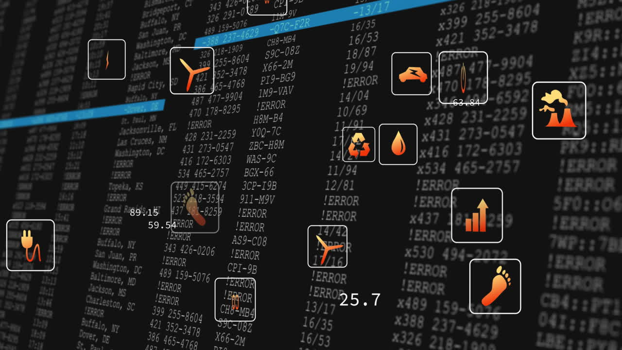 animación de múltiples iconos digitales sobre el procesamiento de datos contra un fondo negro.