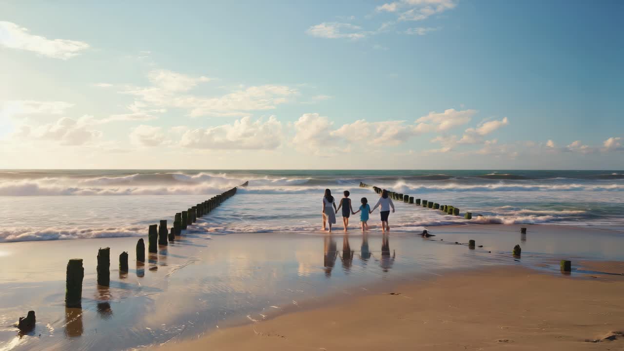 Family walking on a beach at sunset