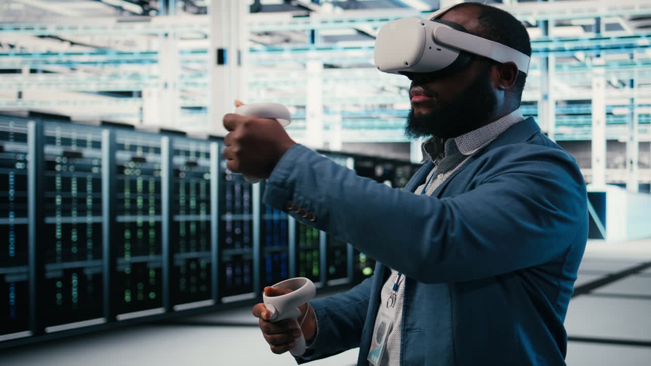 African American Man Using VR Headset in Data Center