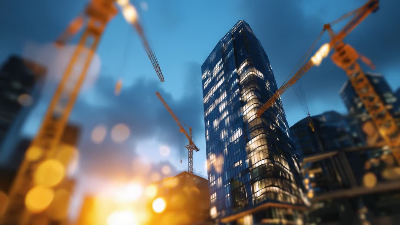 A Majestic Skyline Transformation: The Rise of Modern Glass Buildings Surrounded by Construction Cranes Against a Dramatic Sunset Sky