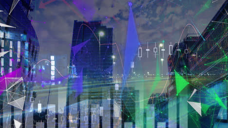 animation of financial data processing over cityscape