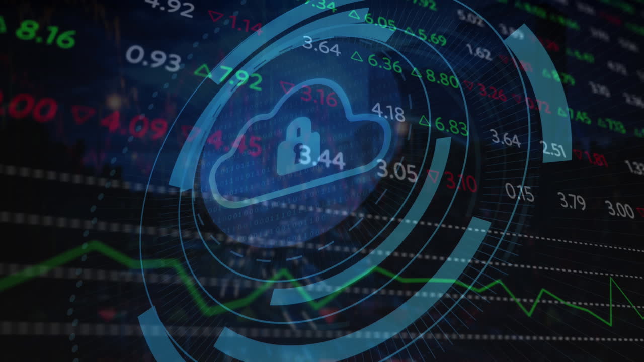 Animation of security padlock, cloud icon, stock market data processing against night city traffic