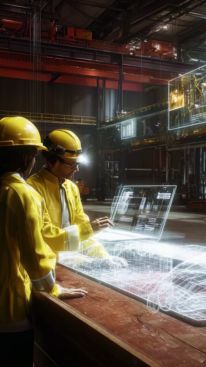 Engineers Collaborating with Advanced Technology in a Futuristic Industrial Environment for Enhanced Manufacturing Processes and Data Analysis Insights