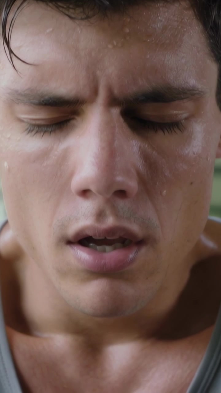 Vertical video: Calming man breathing after workout at gym wearing light gray tank top sweat beads
