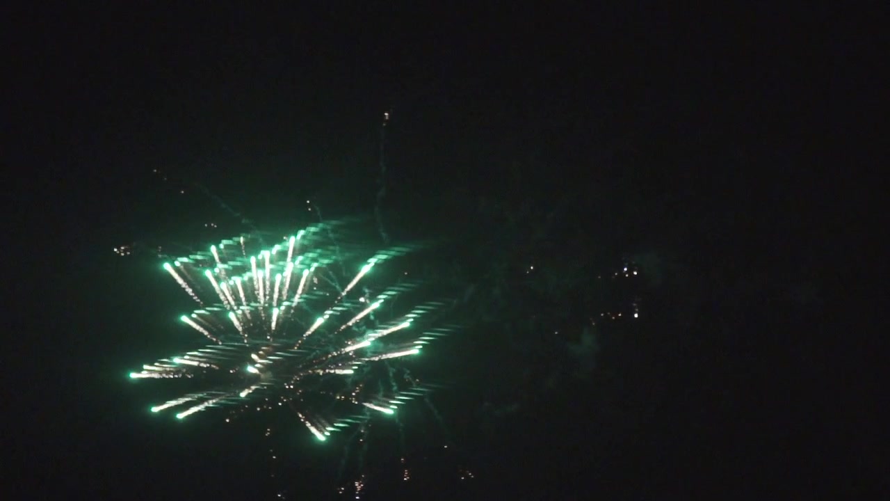 Slow Motion - Multiple fireworks exploding cityscape
