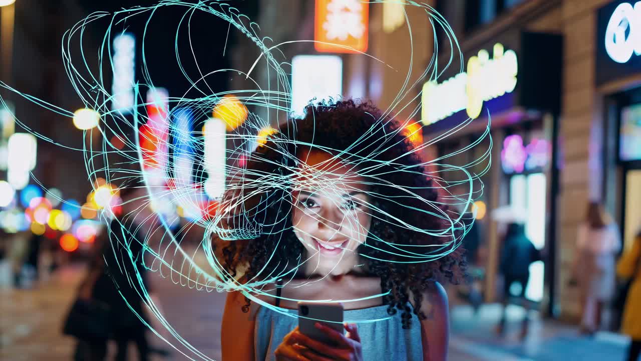 Woman using a smartphone at night in the city with light trails