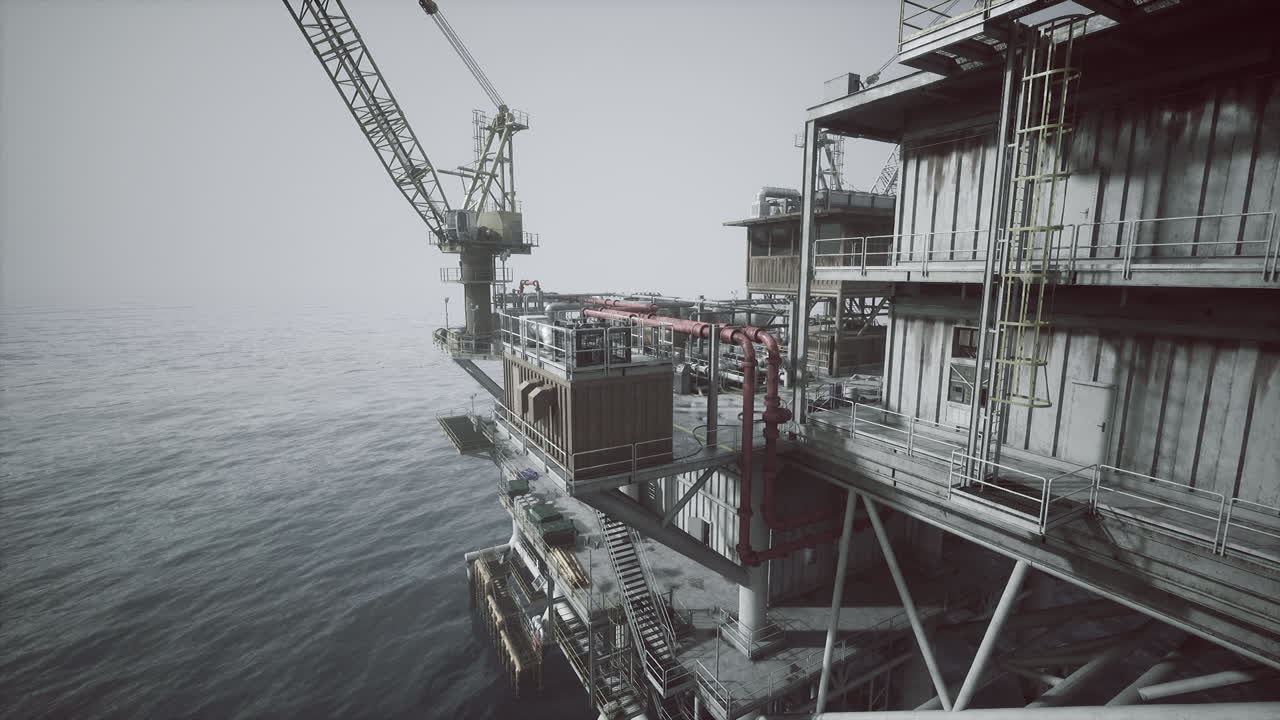 Old oil platform standing in the ocean with cranes at twilight