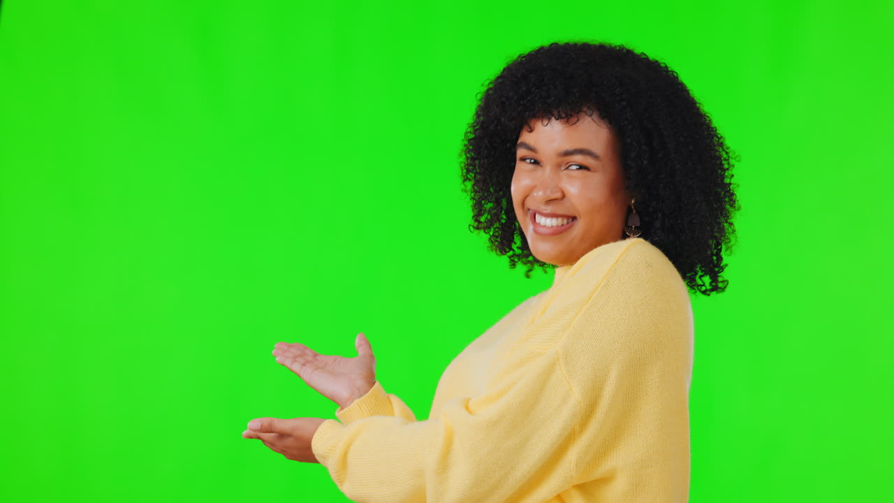 Happy woman, hands and green screen