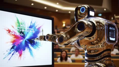 a robot demonstrating advanced creativity by painting vivid colors and mathematical equations on a screen during a public presentation in a large auditorium