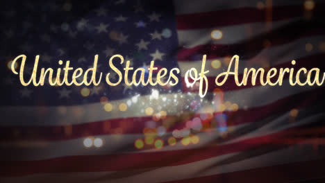 animation of united states of america text over flag of united states of america