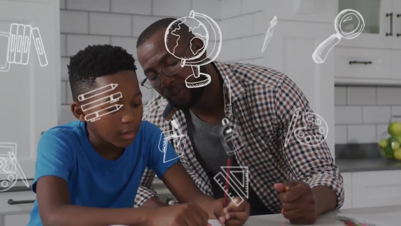 Animation of school items icons over african american father teaching his son at home