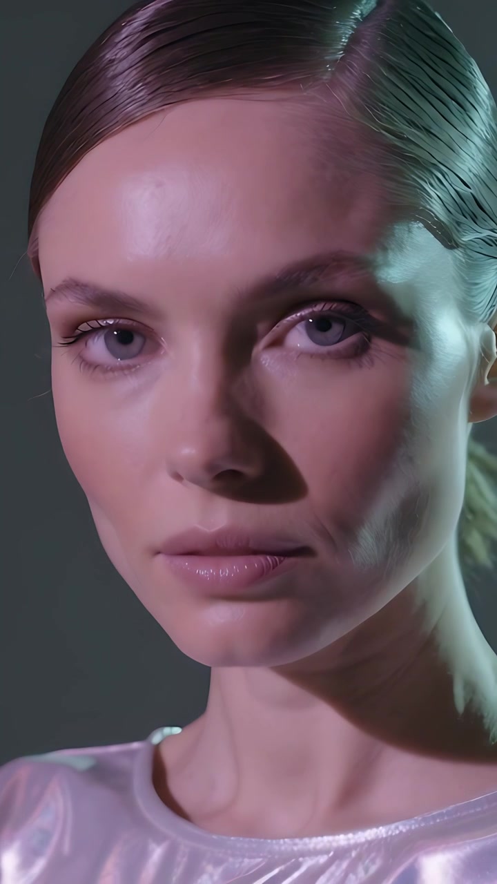Video verticale: La testa di una modella gira da un'angolazione rivolta verso la telecamera in studio, mostrando il viso e un top lucido.