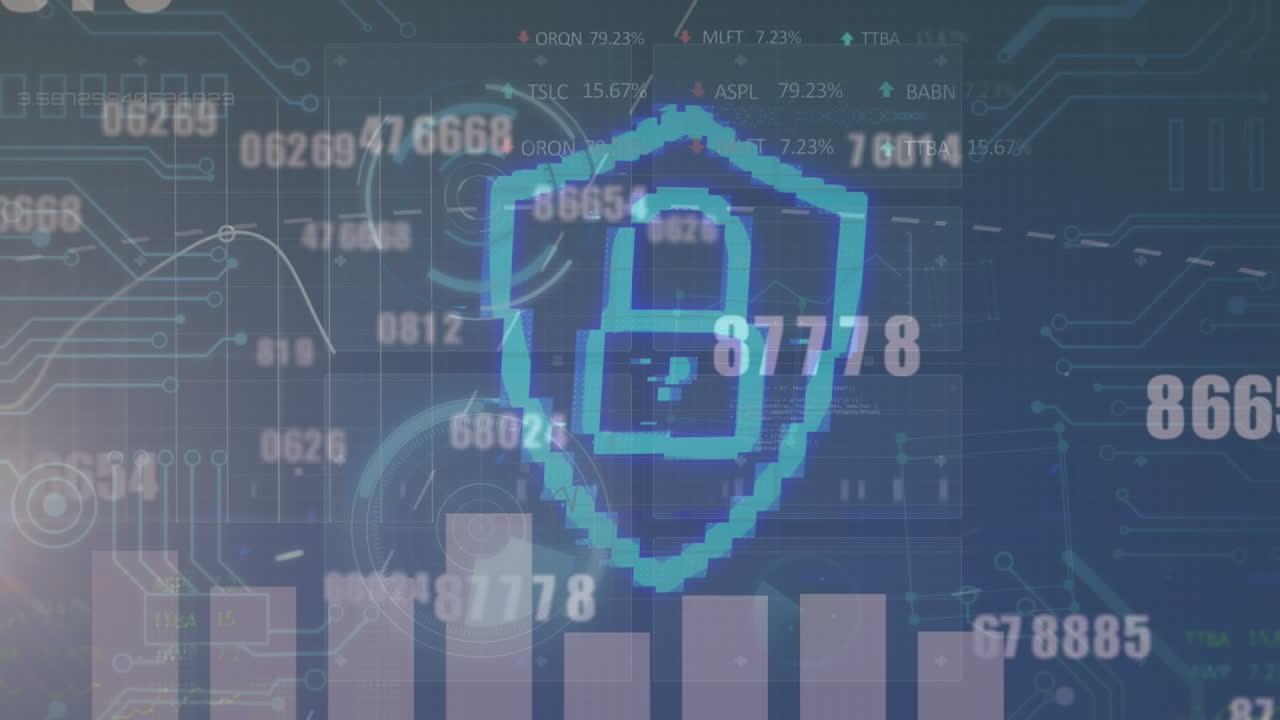 변하는 숫자와 통계 데이터 처리에 대한 보안 락 아이콘의 애니메이션