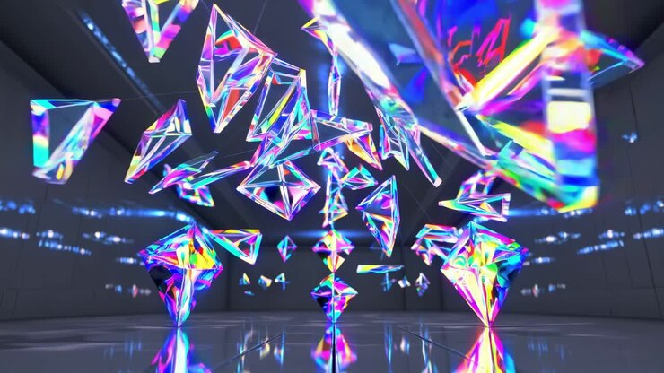 Instalação de arte de cristal iridescente abstrata