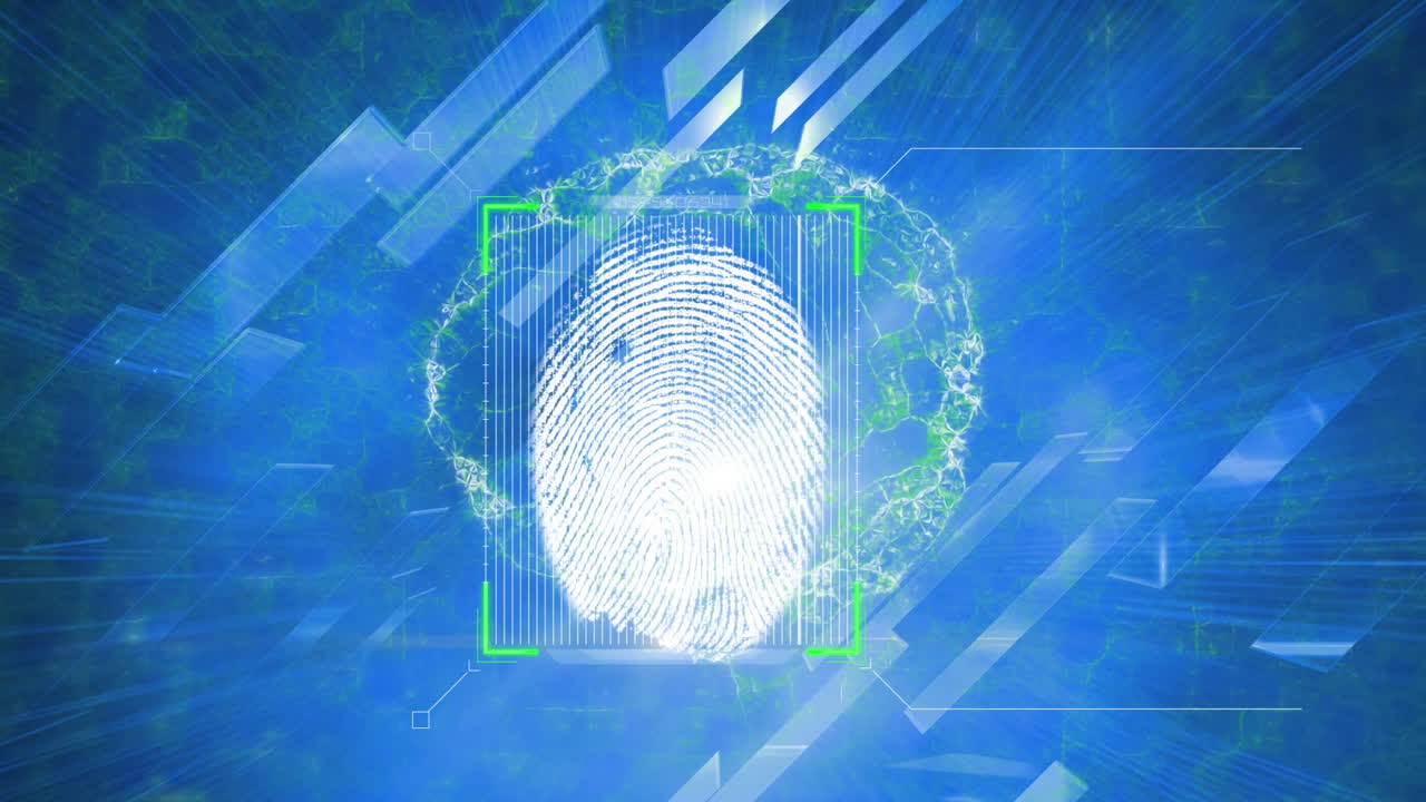 animación de huellas dactilares y cerebro humano digital sobre cuadrados azules sobre fondo negro